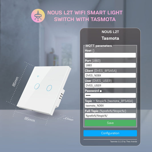 Intrerupator Inteligent Nous L2T Wifi, Tasmota, Touch, 2 canale