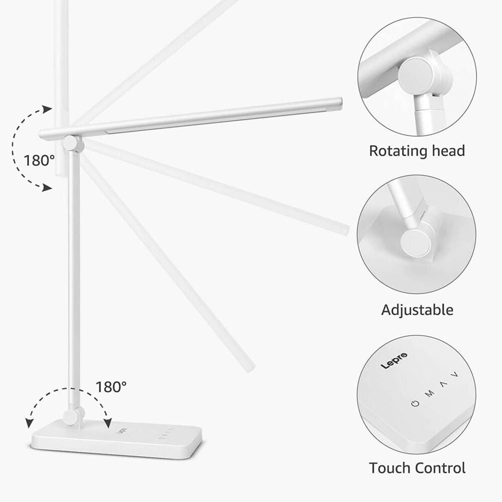 Lampa de birou LED Lepro PR310003 control Touch, 3 moduri, 15W, 655 Lumeni, USB, Alb