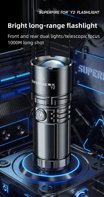 Lanterna LED Superfire Y2, Zoom, 1400lm, 1000M, incarcare USB-C, Lumina fata, spate, 20W