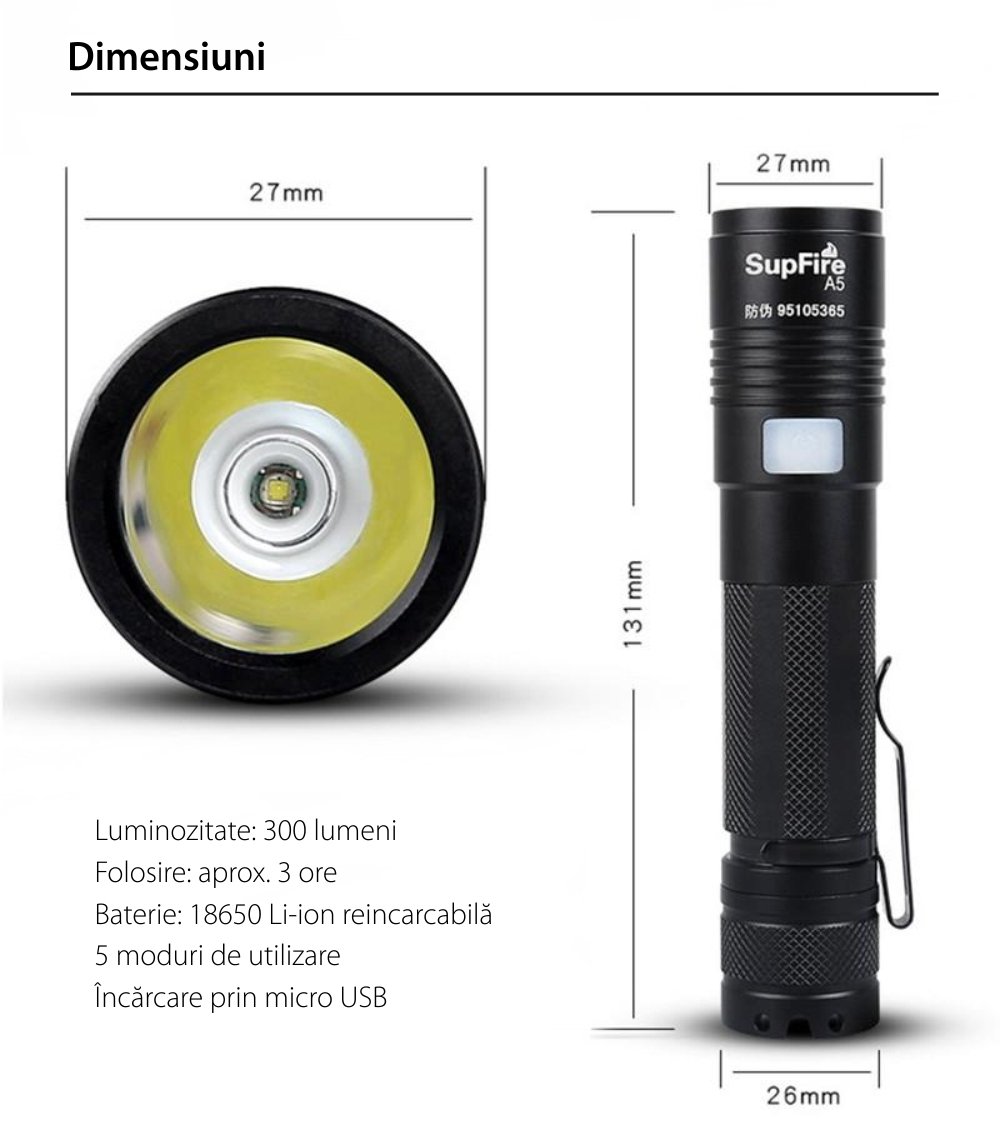 Lanterna LED Supfire A5, 300lm, 200M incarcare USB, Negru