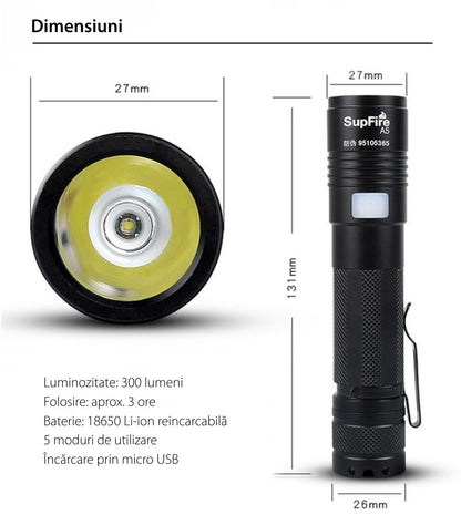 Lanterna LED Supfire A5, 300lm, 200M incarcare USB, Negru