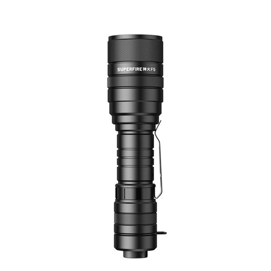 Lanterna LED Superfire F5 cu Zoom, 10W, 1100 lm, 5 moduri, rezistenta la apa, incarcare USB, Negru