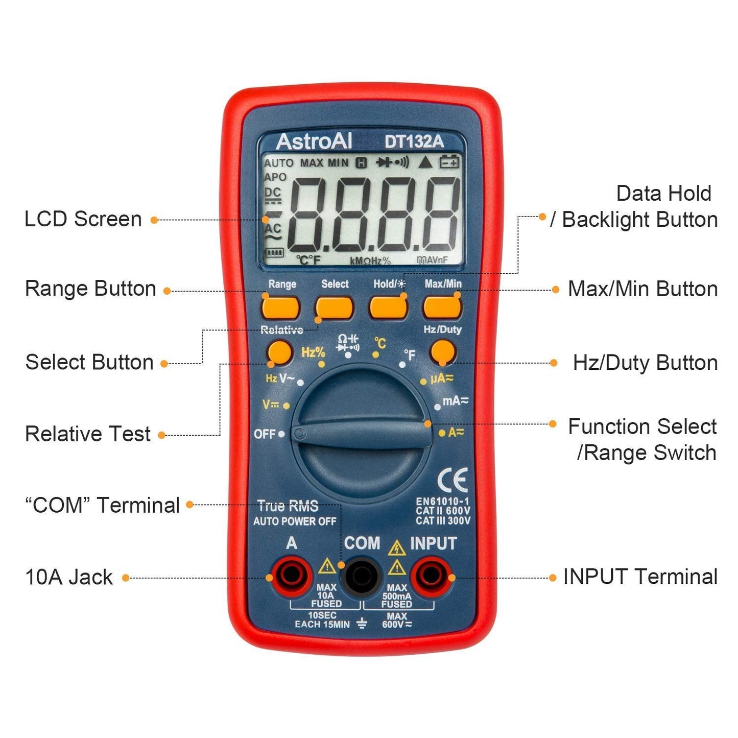 Multimetru digital AstroAI DT132A, TRMS 4000 Counts, Masurarea Tensiunii, Intensitatii, Rezistentei, Testarea Continuitatii, Auto-Range, Temperatura, Gentuta