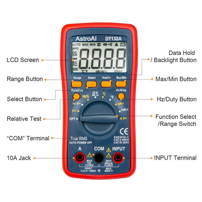 Multimetru digital AstroAI DT132A, TRMS 4000 Counts, Masurarea Tensiunii, Intensitatii, Rezistentei, Testarea Continuitatii, Auto-Range, Temperatura, Gentuta