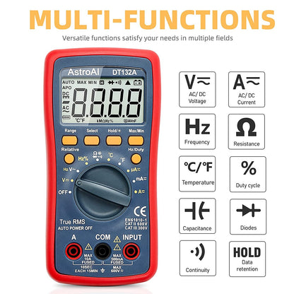 Multimetru digital AstroAI DT132A, TRMS 4000 Counts, Masurarea Tensiunii, Intensitatii, Rezistentei, Testarea Continuitatii, Auto-Range, Temperatura, Gentuta