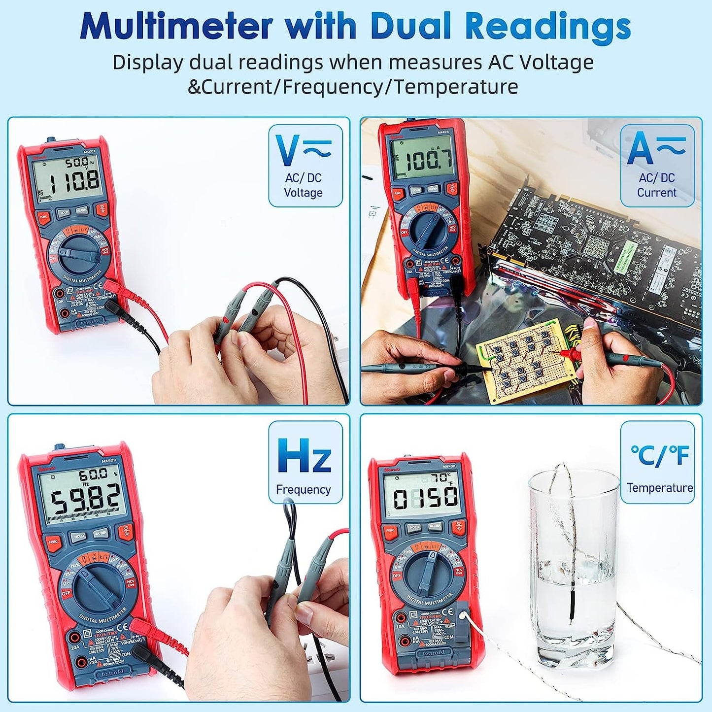 Multimetru digital AstroAI M6KOR, TRMS 6000, Voltmetru cu testare automata AC DC, rezistenta capacitatii, temperatura diode, NCV