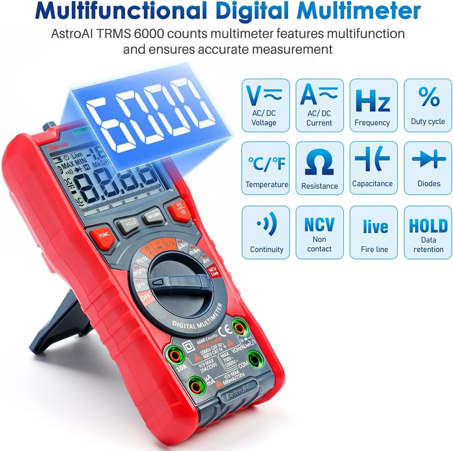 Multimetru digital AstroAI M6KOR, TRMS 6000, Voltmetru cu testare automata AC DC, rezistenta capacitatii, temperatura diode, NCV