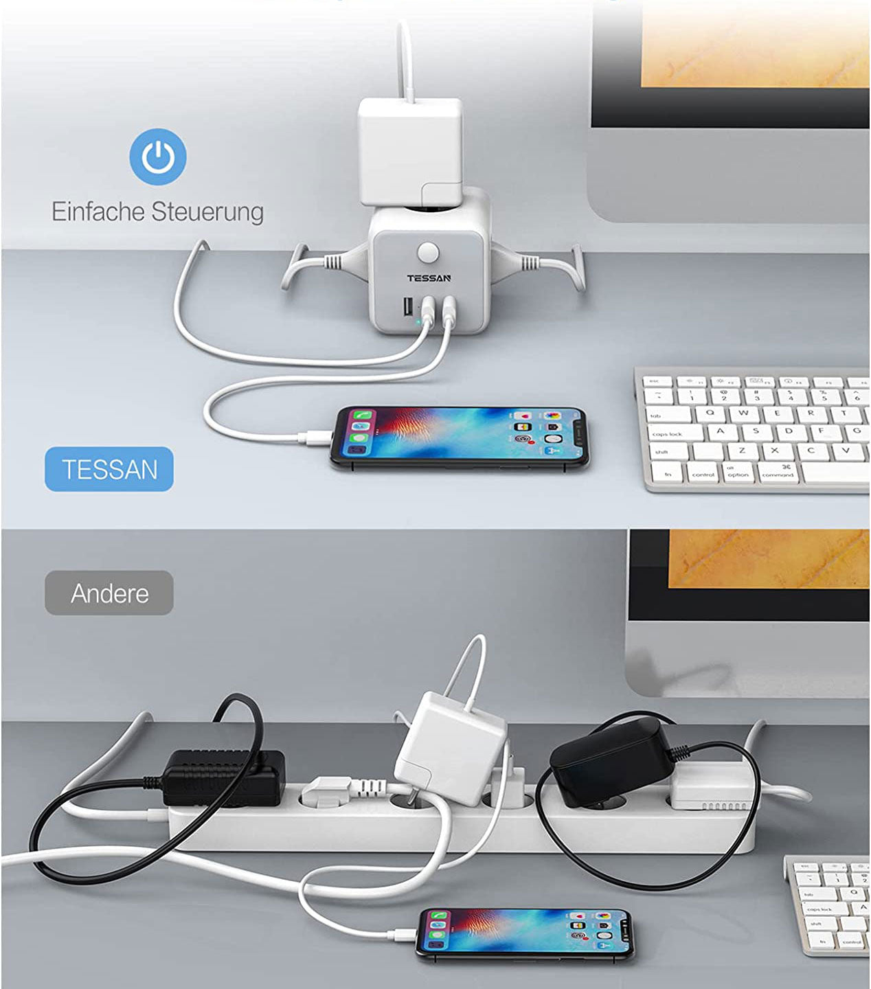 Prelungitor tip cub Tessan TS-301-C, 3 prize, 2 X USB A, 1 X USB-C, cablu 1.5m