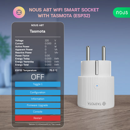 Priza Inteligenta WiFi NOUS A8T, 10A - Tasmota, ESP32