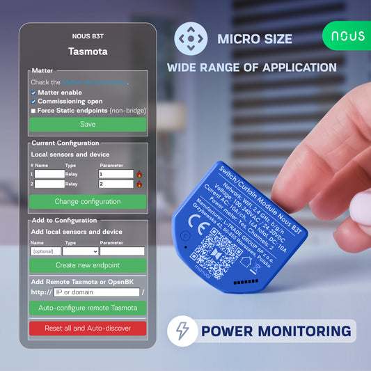 Releu wireless Nous B3T PM, 16A, Tasmota, Matter, Monitorizare energie,Modul Cortina - 2 canal, ESP32