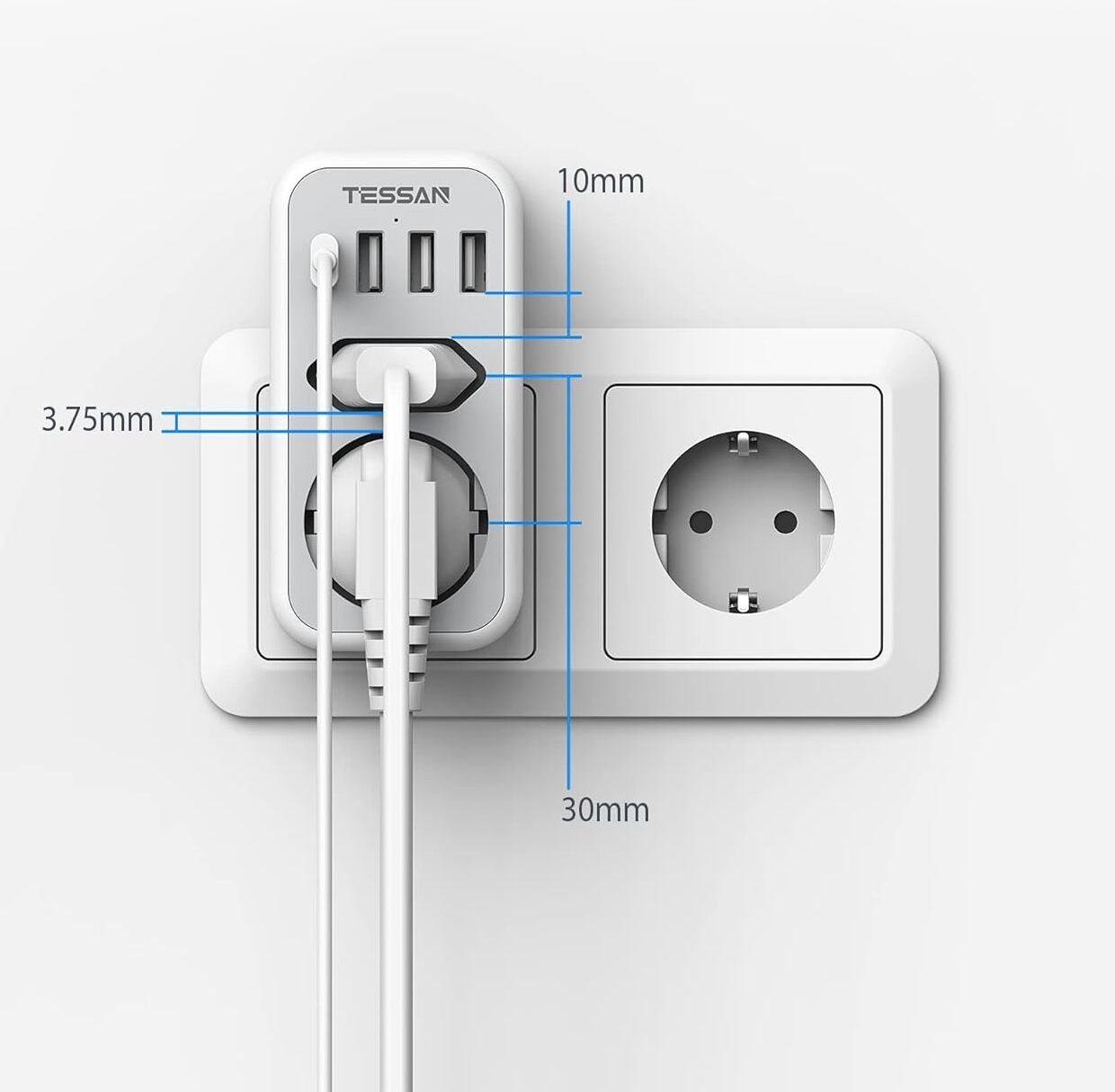 Priza Multipla Tessan TS-328, 2 Prize, 1 port USB-C, 3 Porturi USB, 240 V, Alb , 3600W