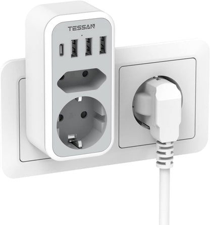 Priza Multipla Tessan TS-328, 2 Prize, 1 port USB-C, 3 Porturi USB, 240 V, Alb , 3600W