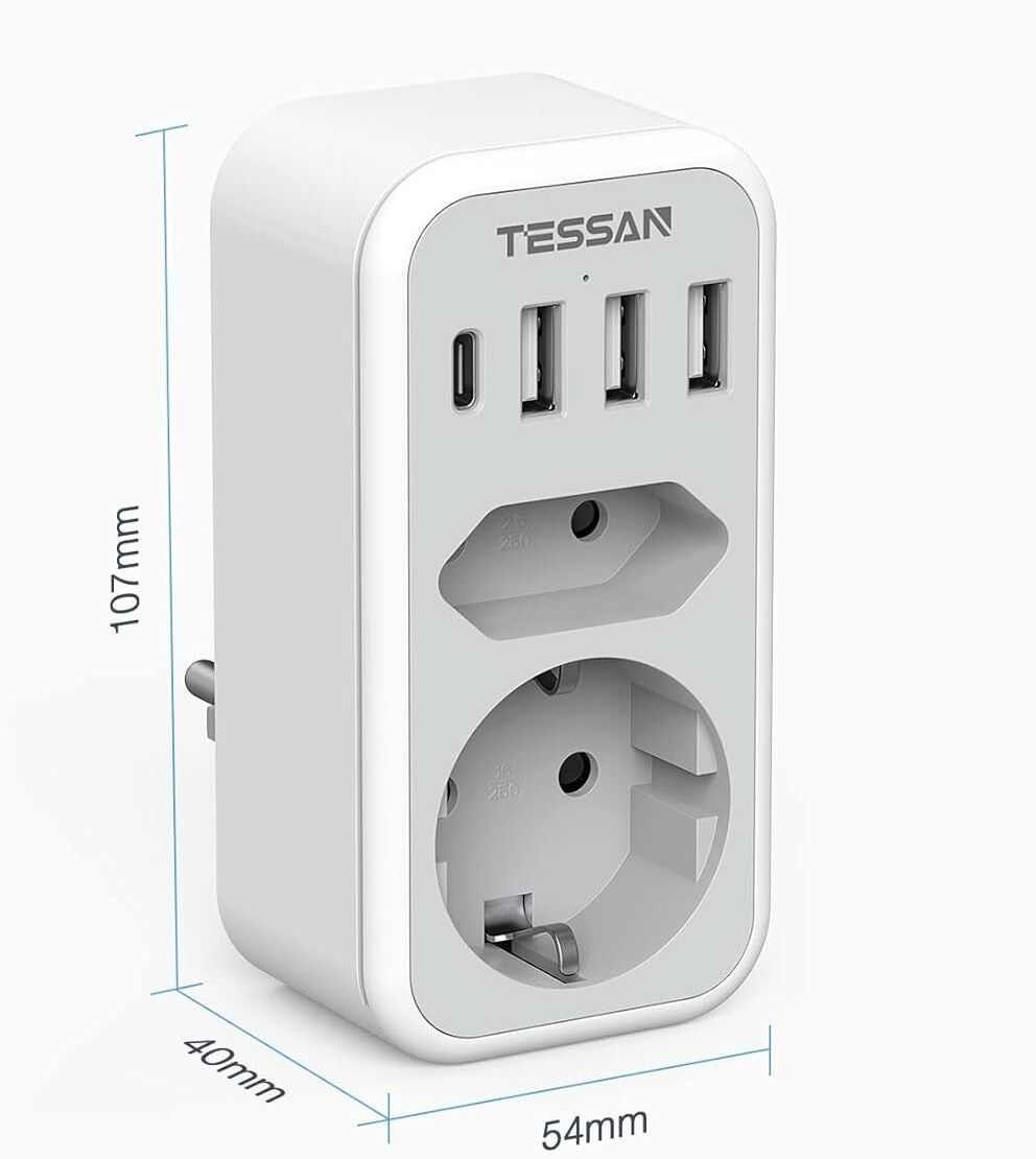 Priza Multipla Tessan TS-328, 2 Prize, 1 port USB-C, 3 Porturi USB, 240 V, Alb , 3600W